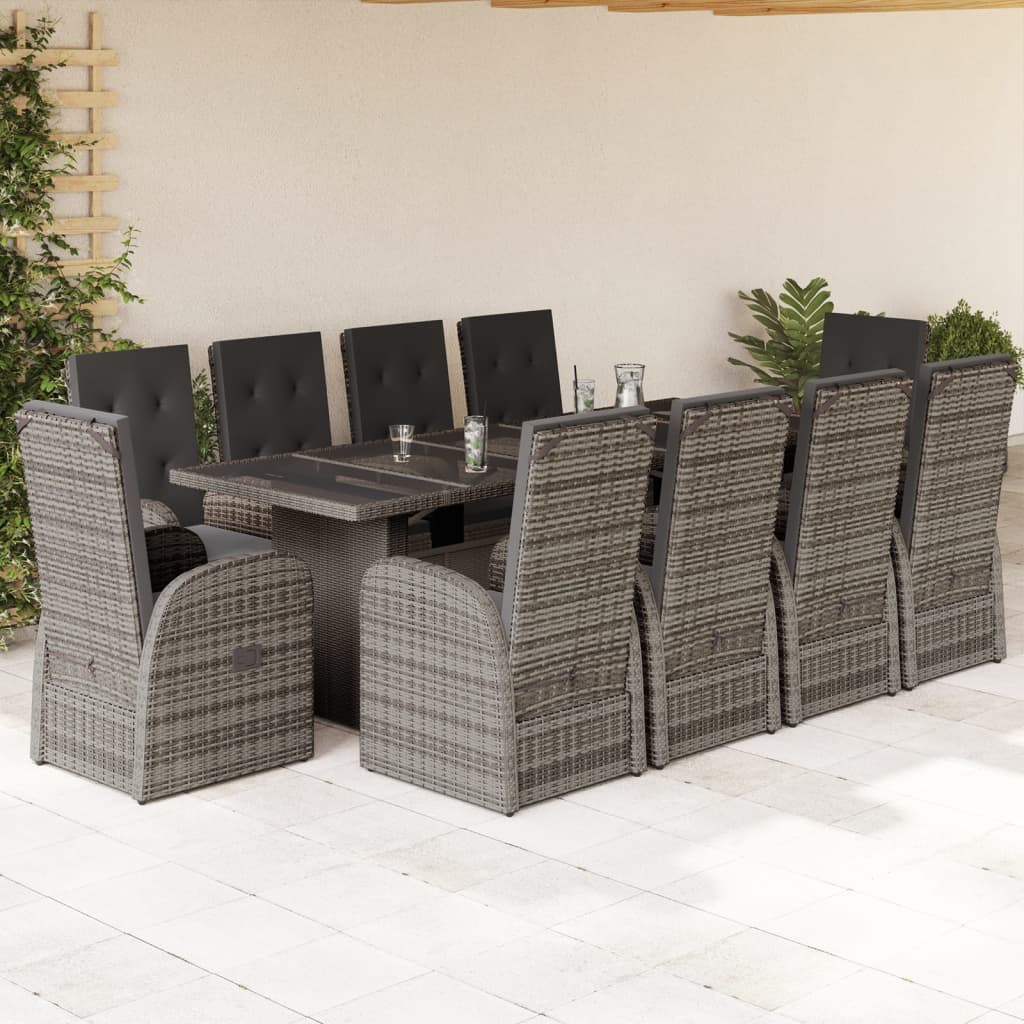 11-piece outdoor dining set with cushions, grey polyrattan