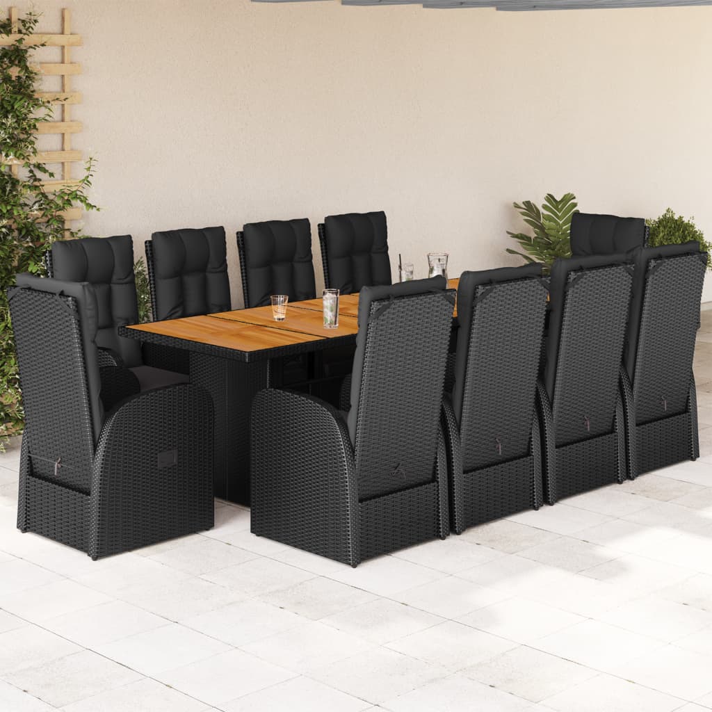 11-piece outdoor dining set with cushions, black polyrattan