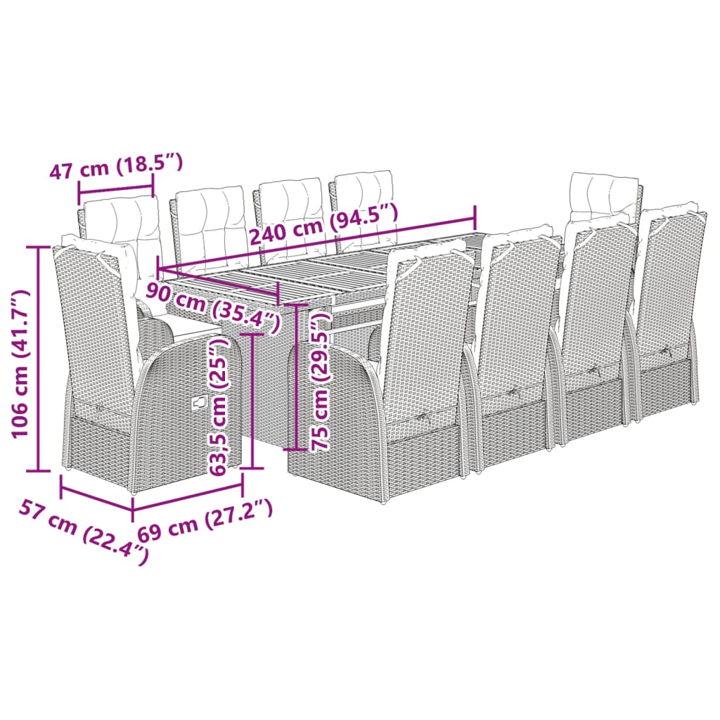 11-piece outdoor dining set with cushions, black polyrattan