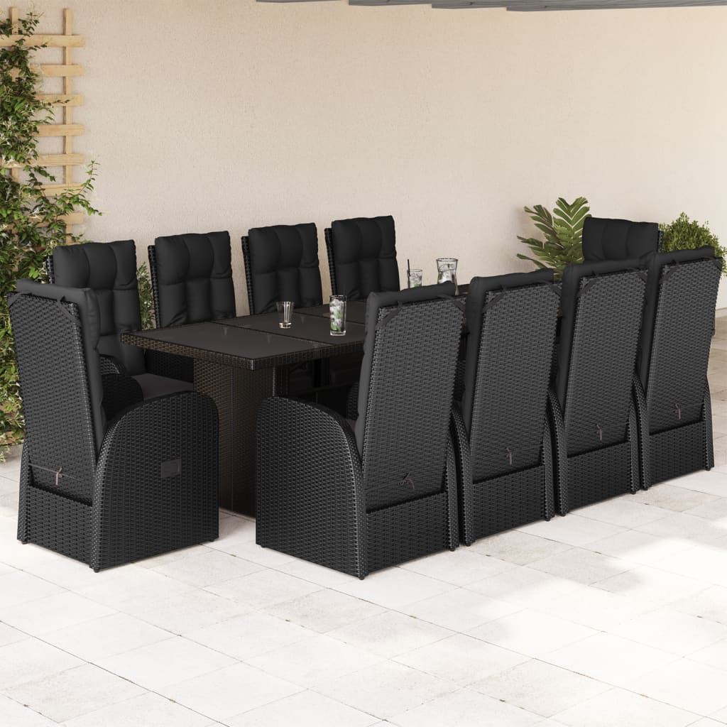 11-piece outdoor dining set with cushions, black polyrattan