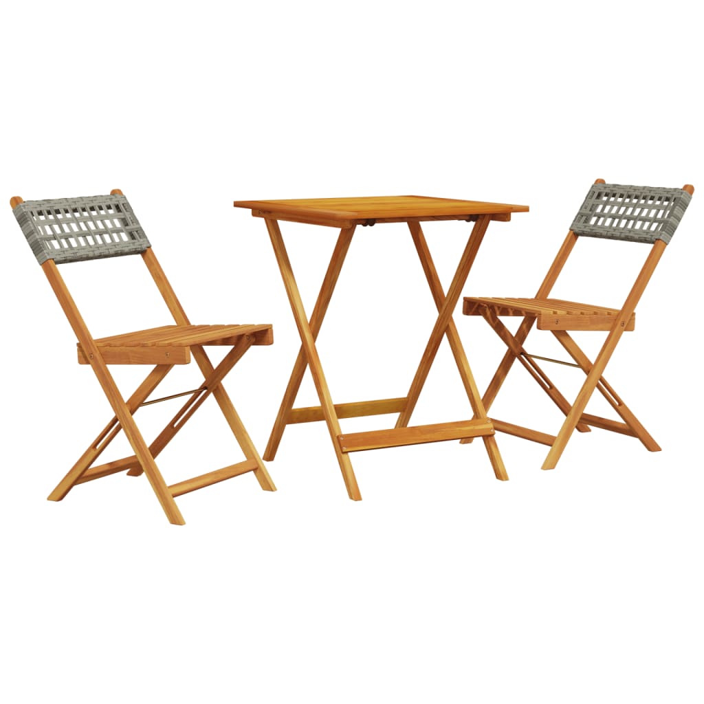 3-teilige Bistro-Serie aus grauem Polyrattan und massivem Akazienholz