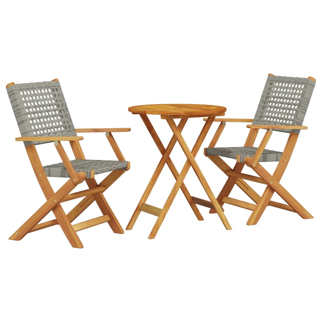 3-teilige Bistro-Serie aus grauem Polyrattan und massivem Akazienholz