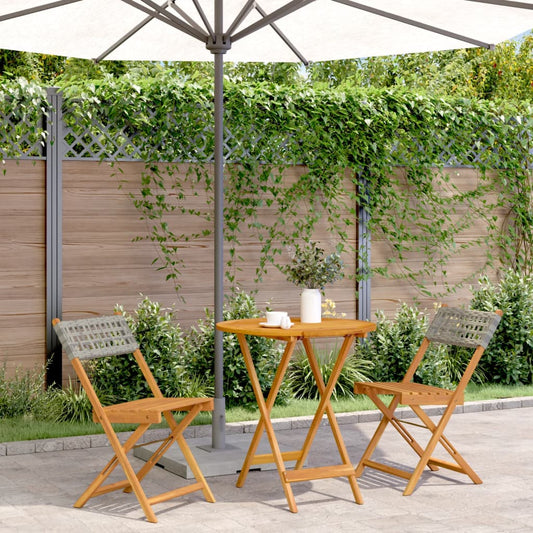 3-teilige Bistro-Serie aus grauem Polyrattan und massivem Akazienholz