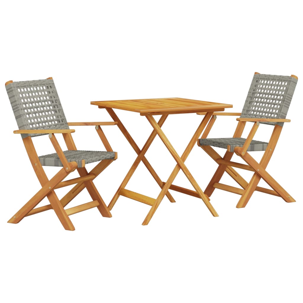 3-teilige Bistro-Serie aus grauem Polyrattan und massivem Akazienholz