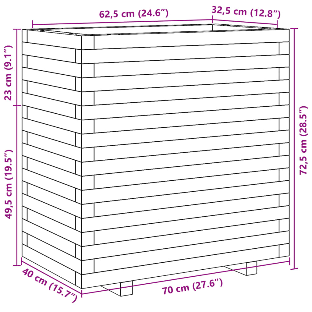 Garden flower box white 70x40x72.5 cm solid pine