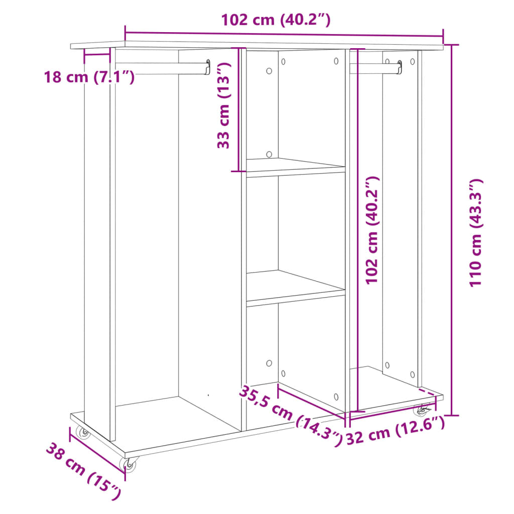 Vaatekaappi pyörillä musta 102x38x110 cm tekninen puu