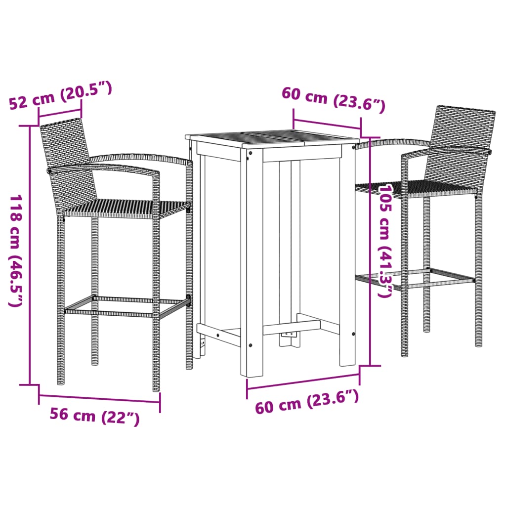 3-teiliges Outdoor-Bar-Set aus braunem massivem Akazienholz und Polyrattan