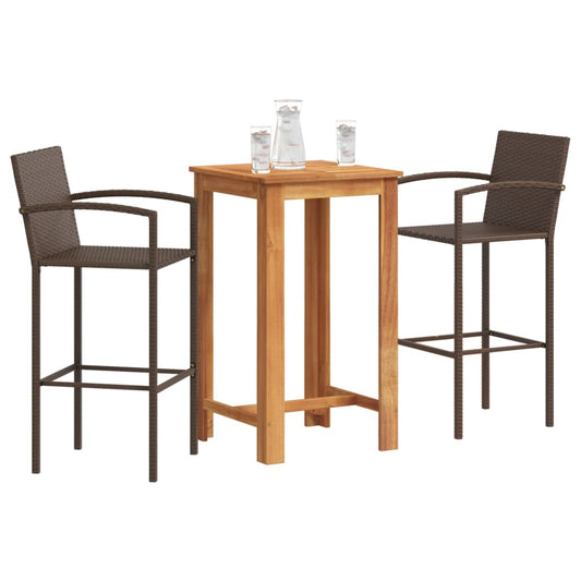 3-piece outdoor bar set brown solid acacia wood and poly rattan