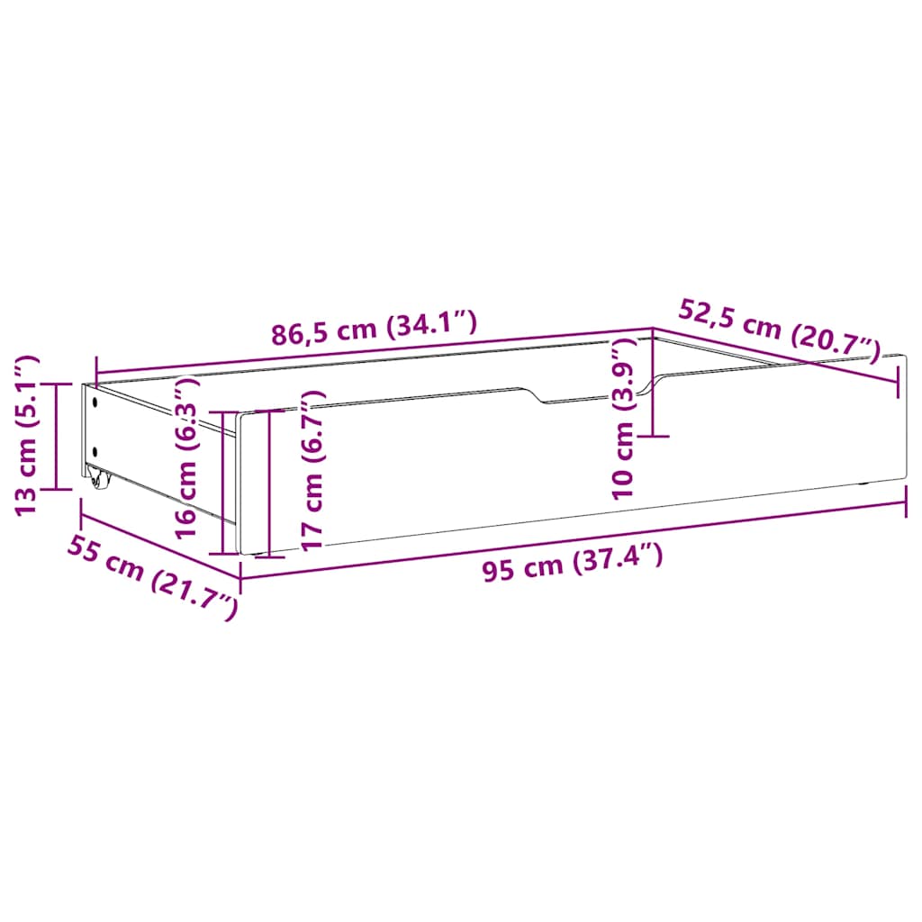 Sängyn alavetolaatikot pyörillä 2 kpl 95x55x16 cm täysi mänty