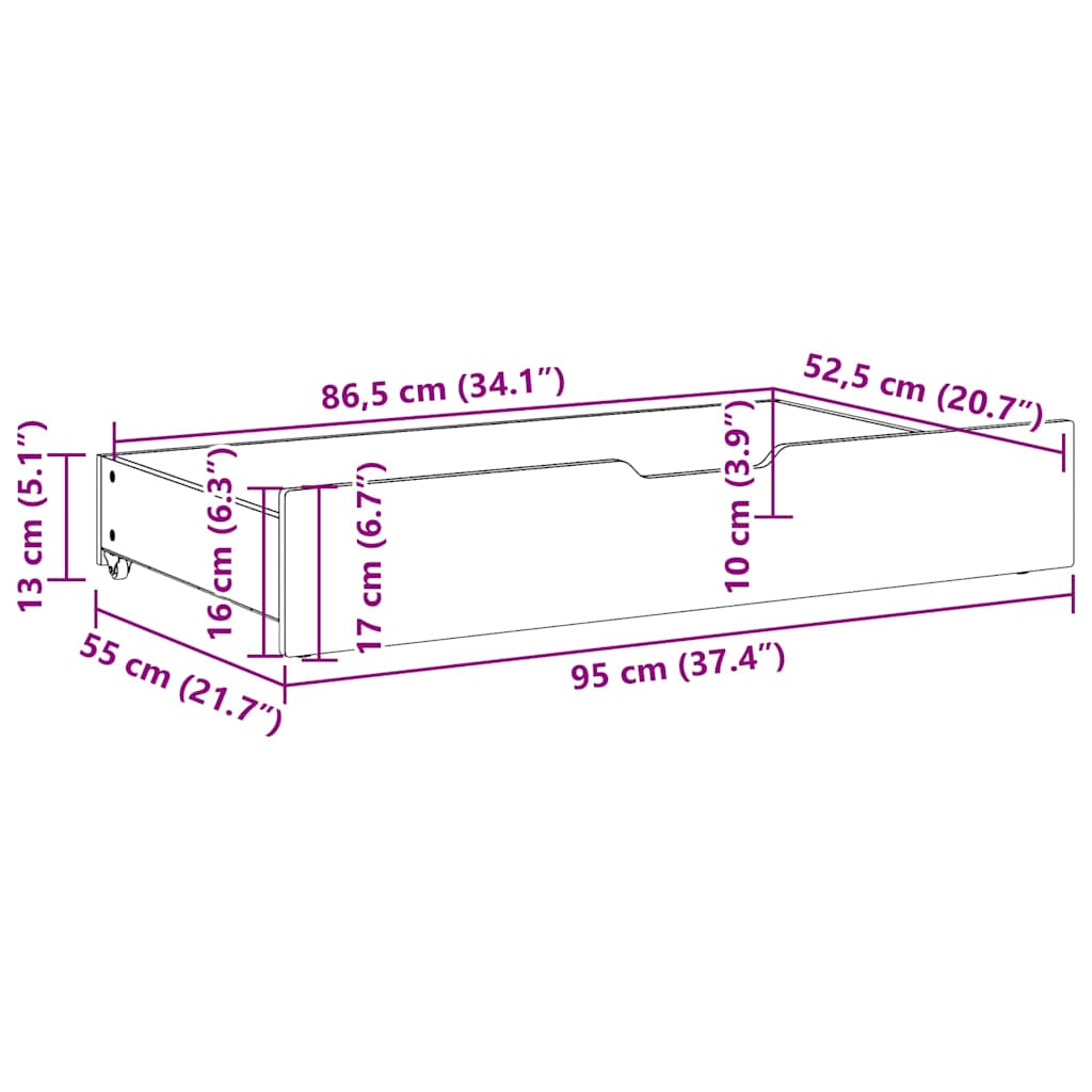 Sängyn alavetolaatikot 2 kpl valkoinen 95x55x16 cm täysi mänty