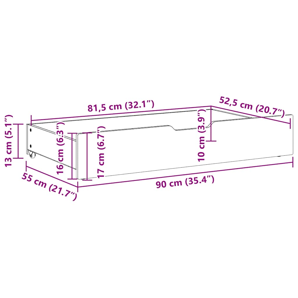 Sängyn alavetolaatikot pyörillä 2 kpl 90x55x16 cm täysi mänty