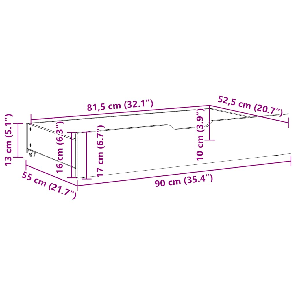 Sängyn alavetolaatikot 2 kpl valkoinen 90x55x16 cm täysi mänty