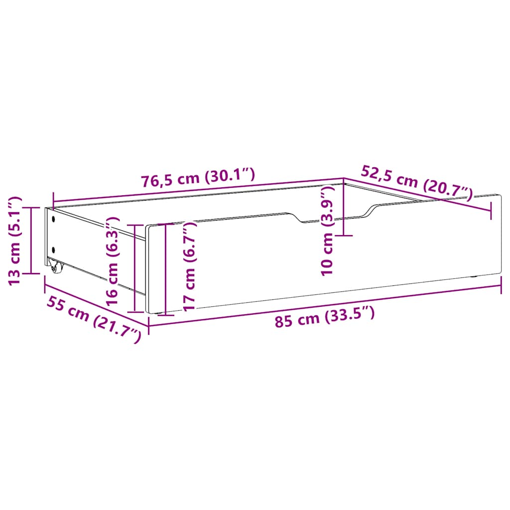 Sängyn alavetolaatikot pyörillä 2 kpl 85x55x16 cm täysi mänty