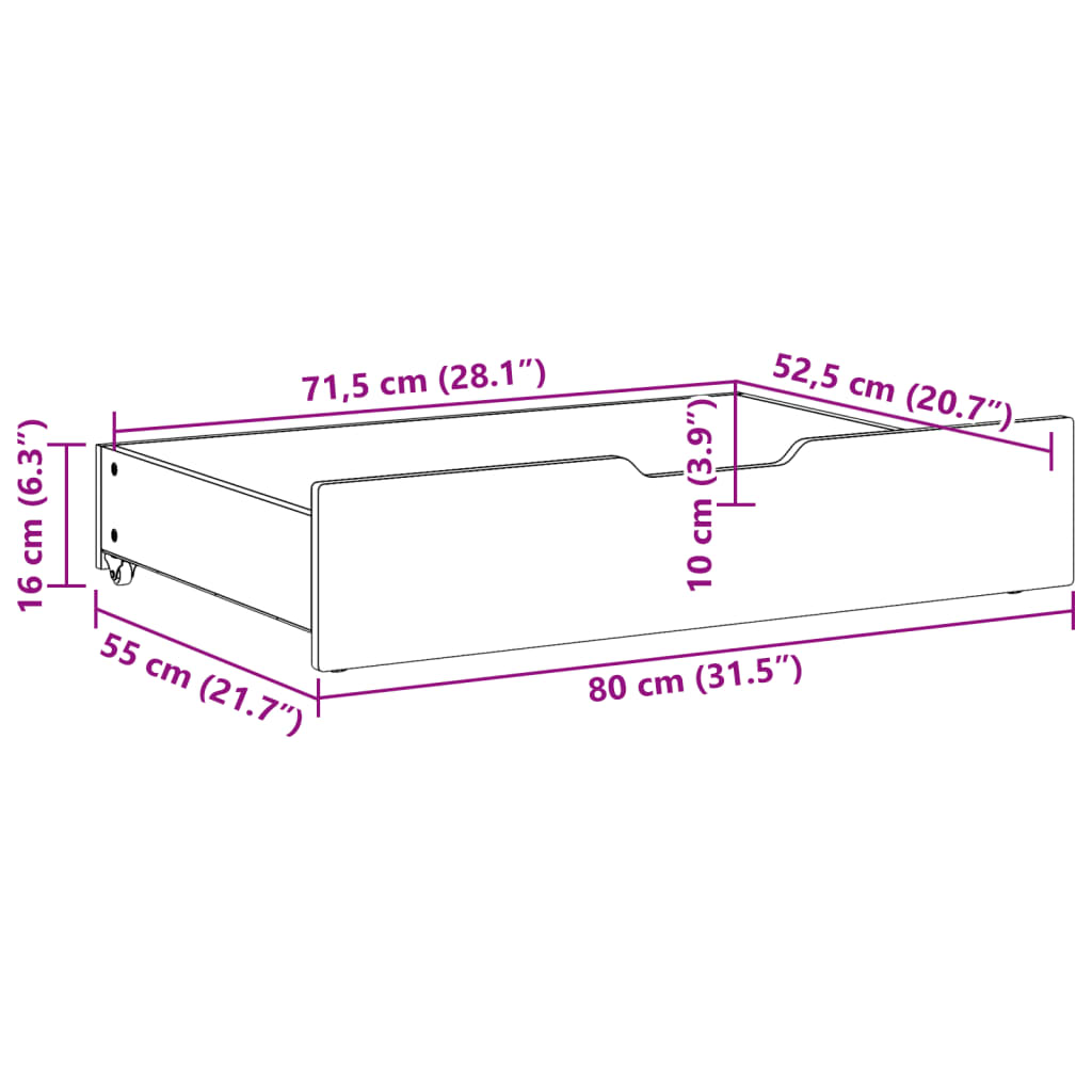 Sängyn alavetolaatikot pyörillä 2 kpl 80x55x16 cm täysi mänty