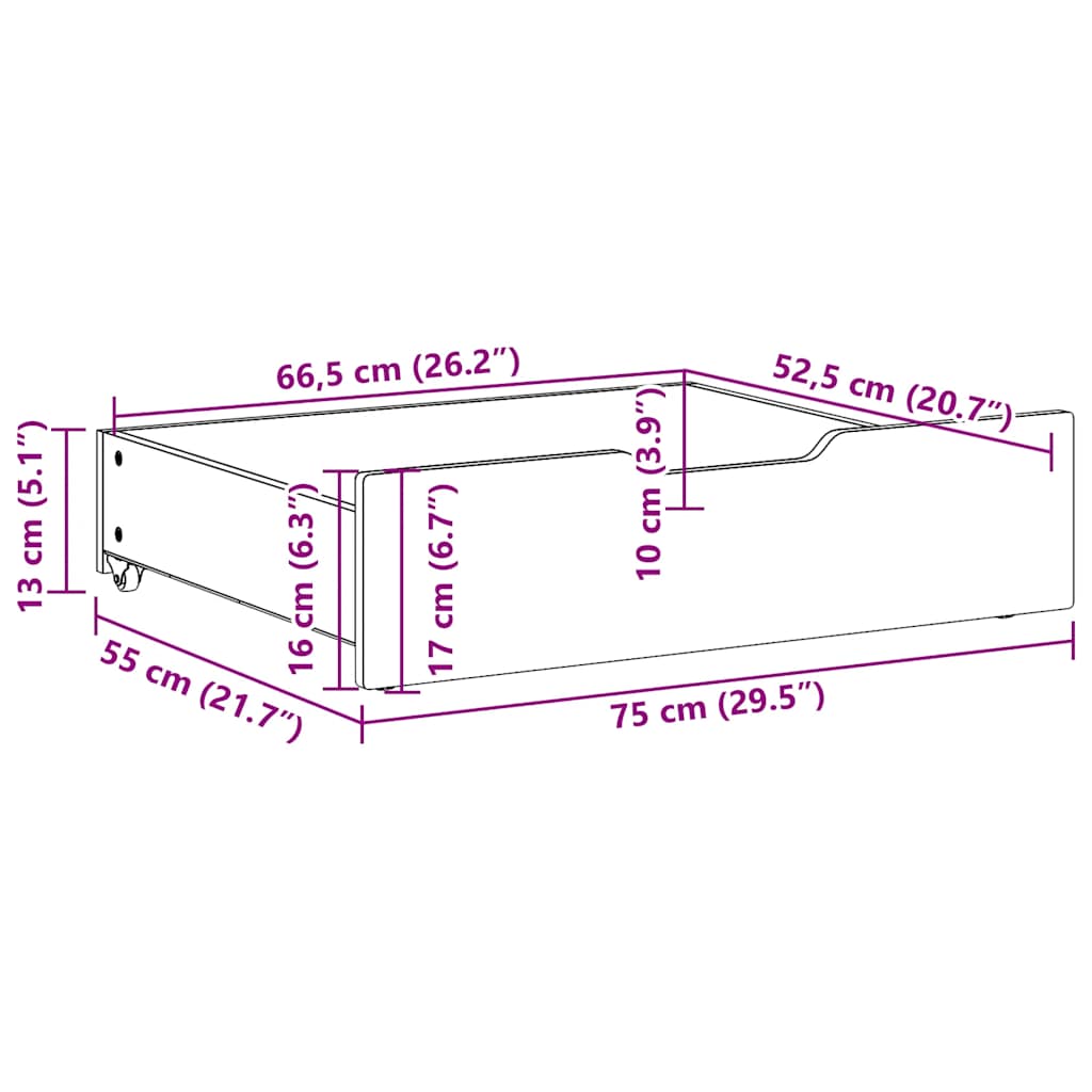 Sängyn alavetolaatikot pyörillä 2 kpl 75x55x16 cm täysi mänty