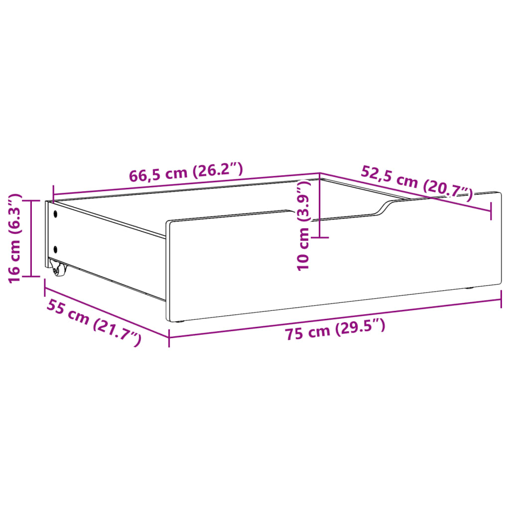 Sängyn alavetolaatikot 2 kpl vahanrusk. 75x55x16 cm täysi mänty