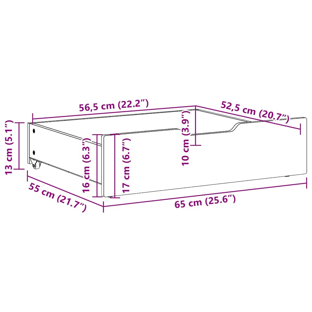 Sängyn alavetolaatikot pyörillä 2 kpl 65x55x16 cm täysi mänty