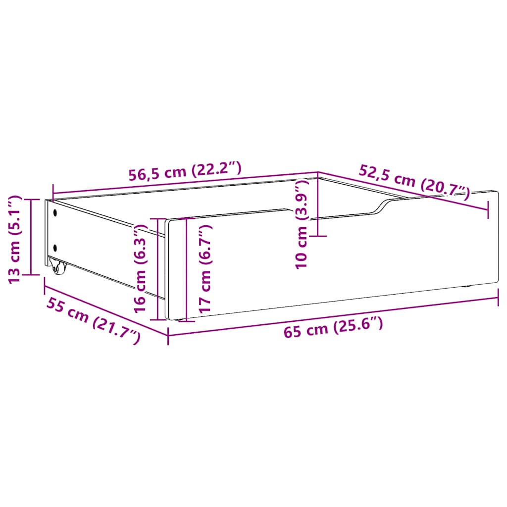 Sängyn alavetolaatikot 2 kpl vahanrusk. 65x55x16 cm täysi mänty