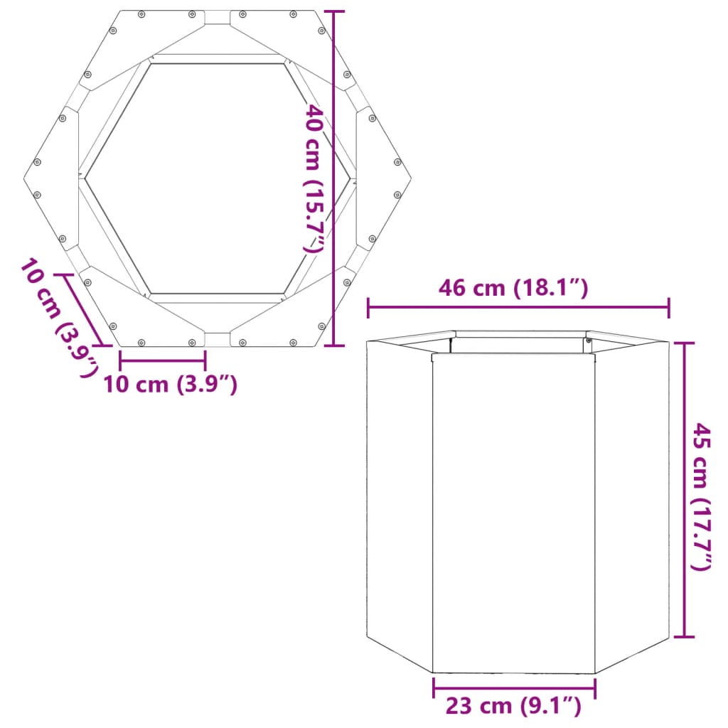 Garden flower box black hexagonal 46x40x45 cm steel