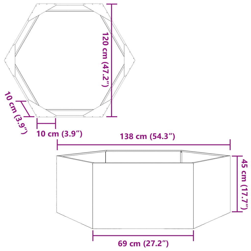 Garden flower box black hexagon 138x120x45 cm steel