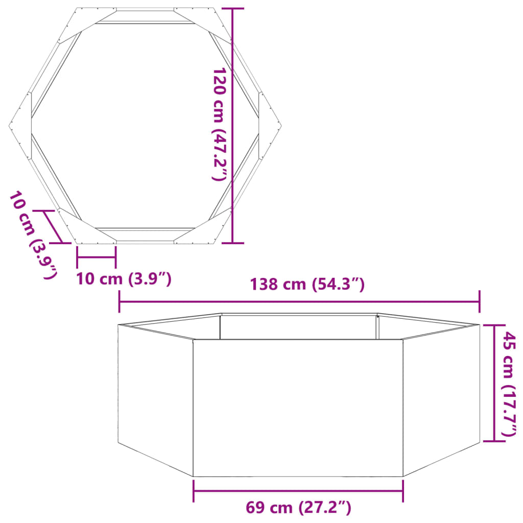 Garden flower box green hexagonal 138x120x45 cm steel