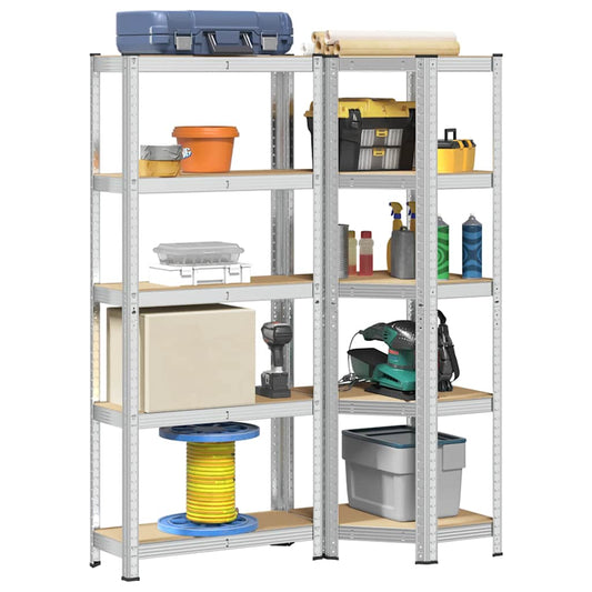 2-piece 5-tier shelf set in silver steel and wood