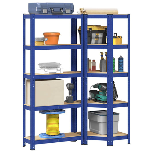 2-piece 5-tier shelf set blue steel and wood