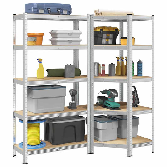 2-piece 5-tier shelf set in silver steel and wood