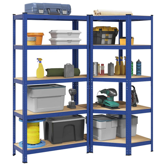 2-piece 5-tier shelf set blue steel and wood