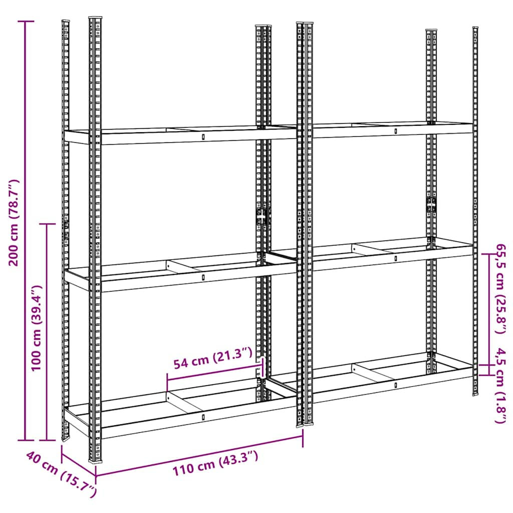 3-kerroksiset rengashyllyt 2 kpl hopea 110x40x200 cm teräs