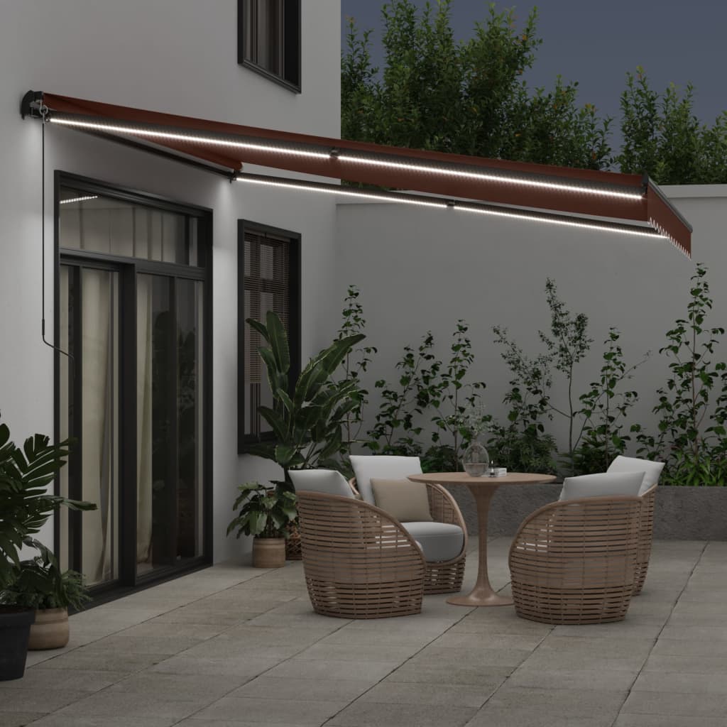 Manually retractable awning with LEDs, brown, 400x300 cm