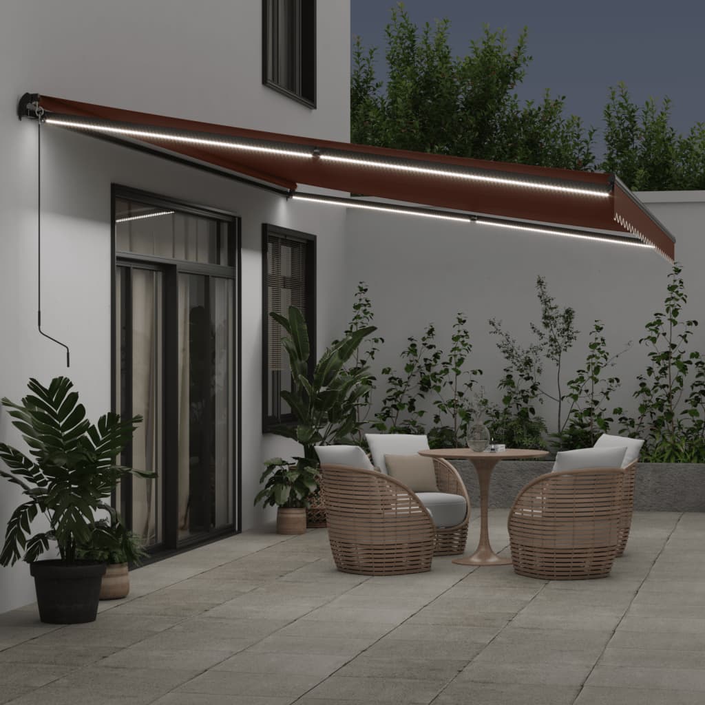 Manually retractable awning with LEDs, brown, 600x300 cm