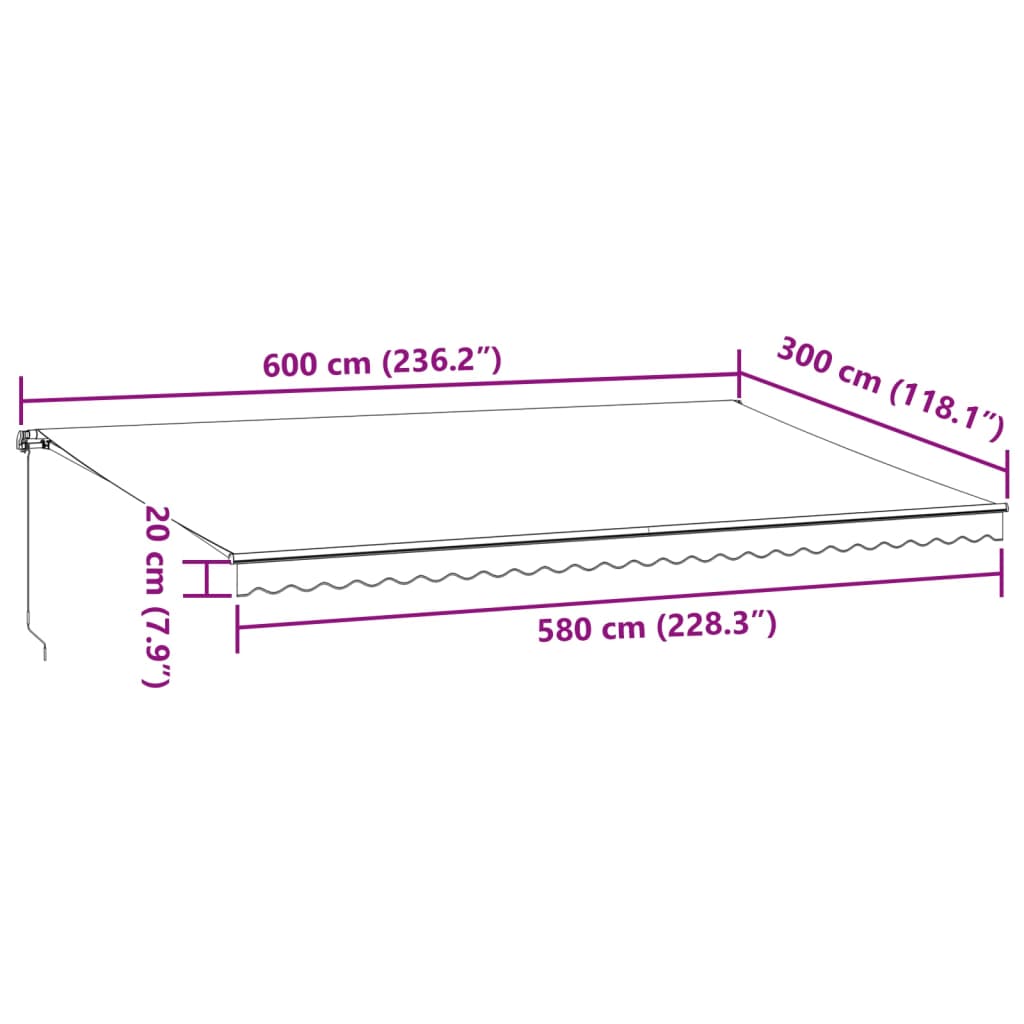 Manually retractable awning with LEDs, brown, 600x300 cm