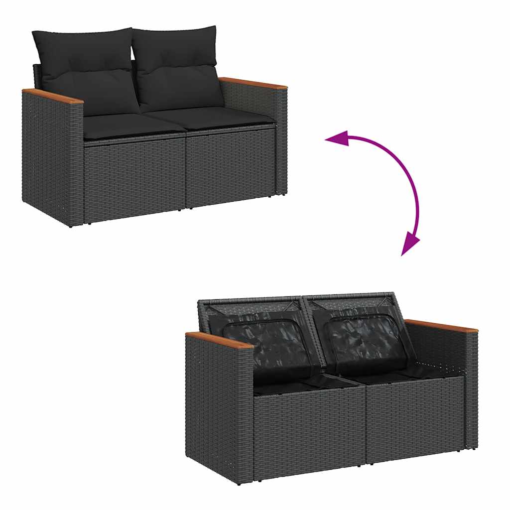 11-piece garden sofa set with cushions, black polyrattan