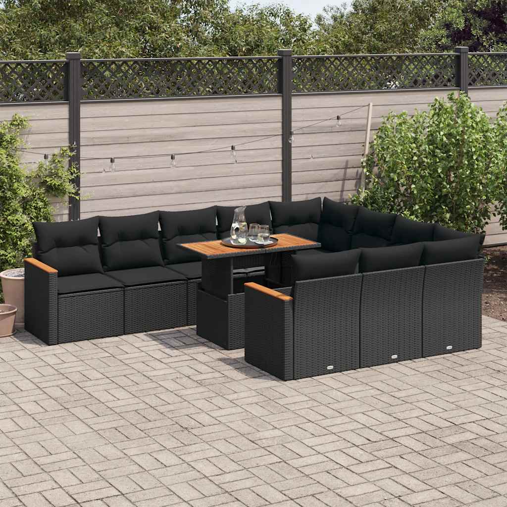 11-piece garden sofa set with cushions, black polyrattan