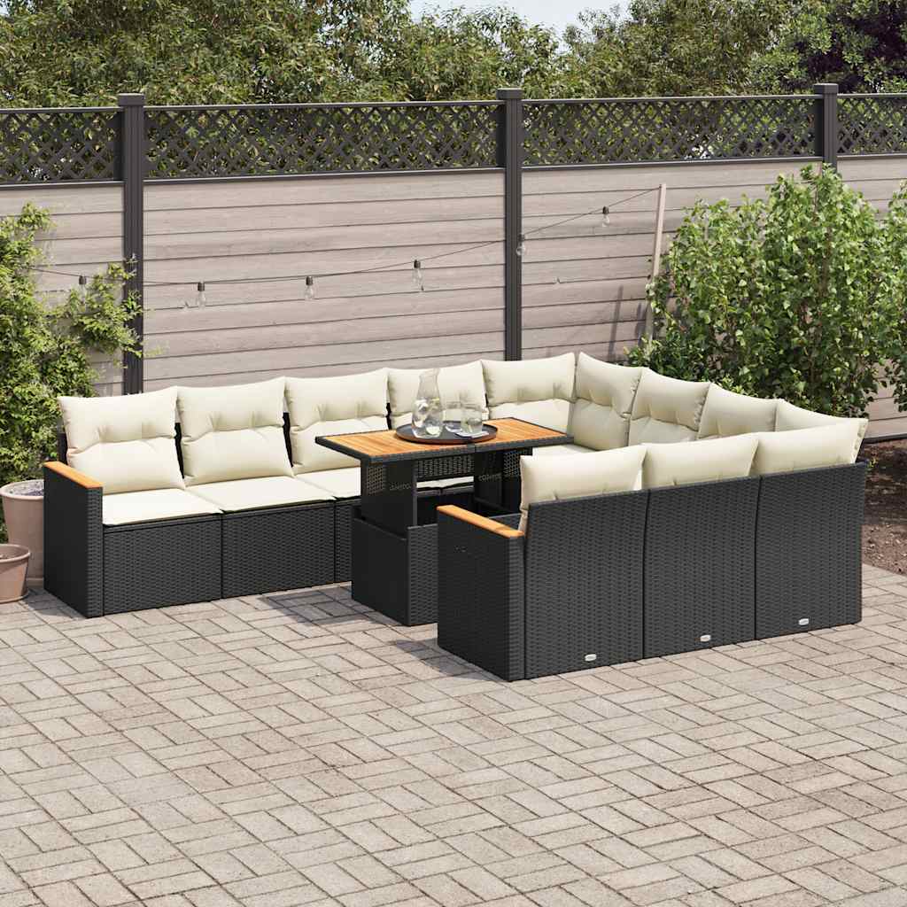 11-piece garden sofa set with cushions, black polyrattan