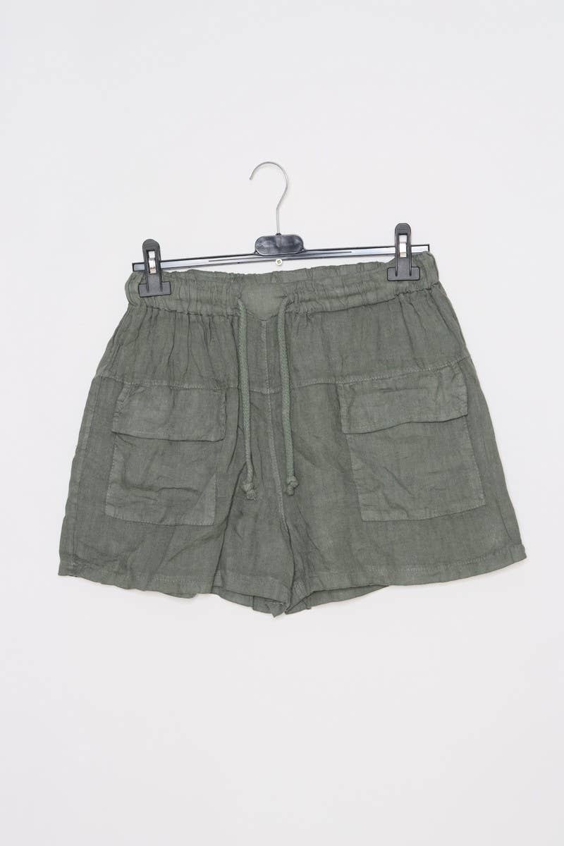 Naisten pellavashortsit – khaki, 100% pellavaa, yksi koko 38–44