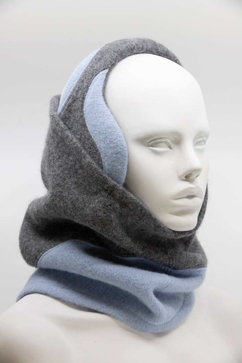 Felted Wool Earmuffs - Medium Grey, Light Blue