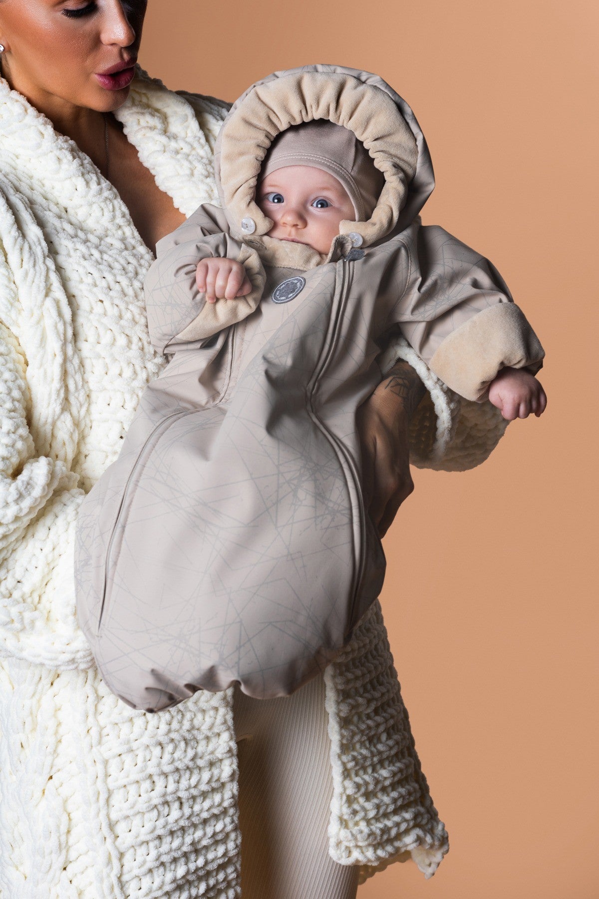 Beige Reflective Merino Wool-Lined Spring/Autumn Bunting Pram Suit