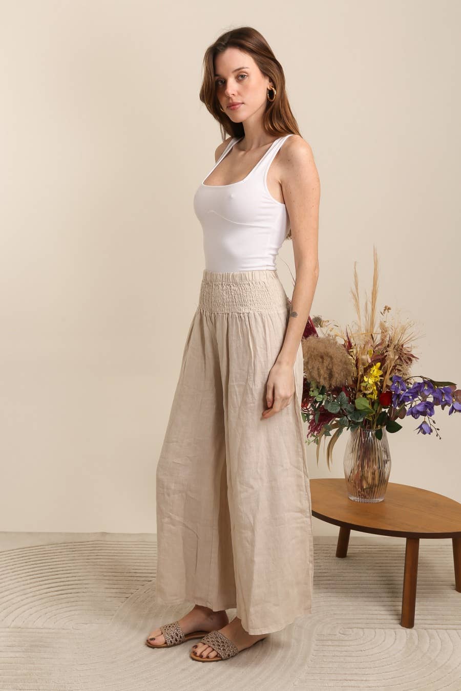 Naisten pellavahousut – beige, yksi koko 38-44