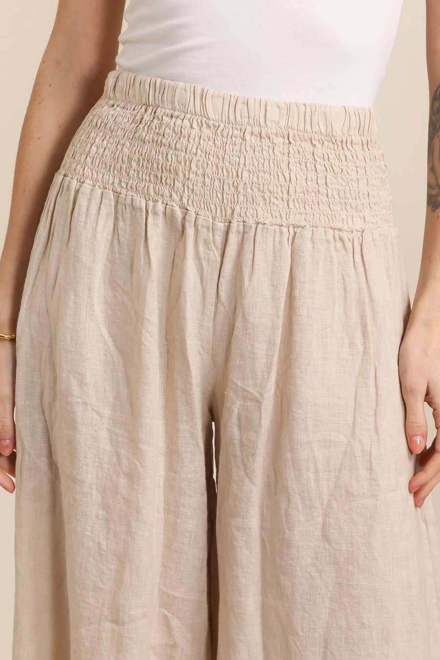 Naisten pellavahousut – beige, yksi koko 38-44