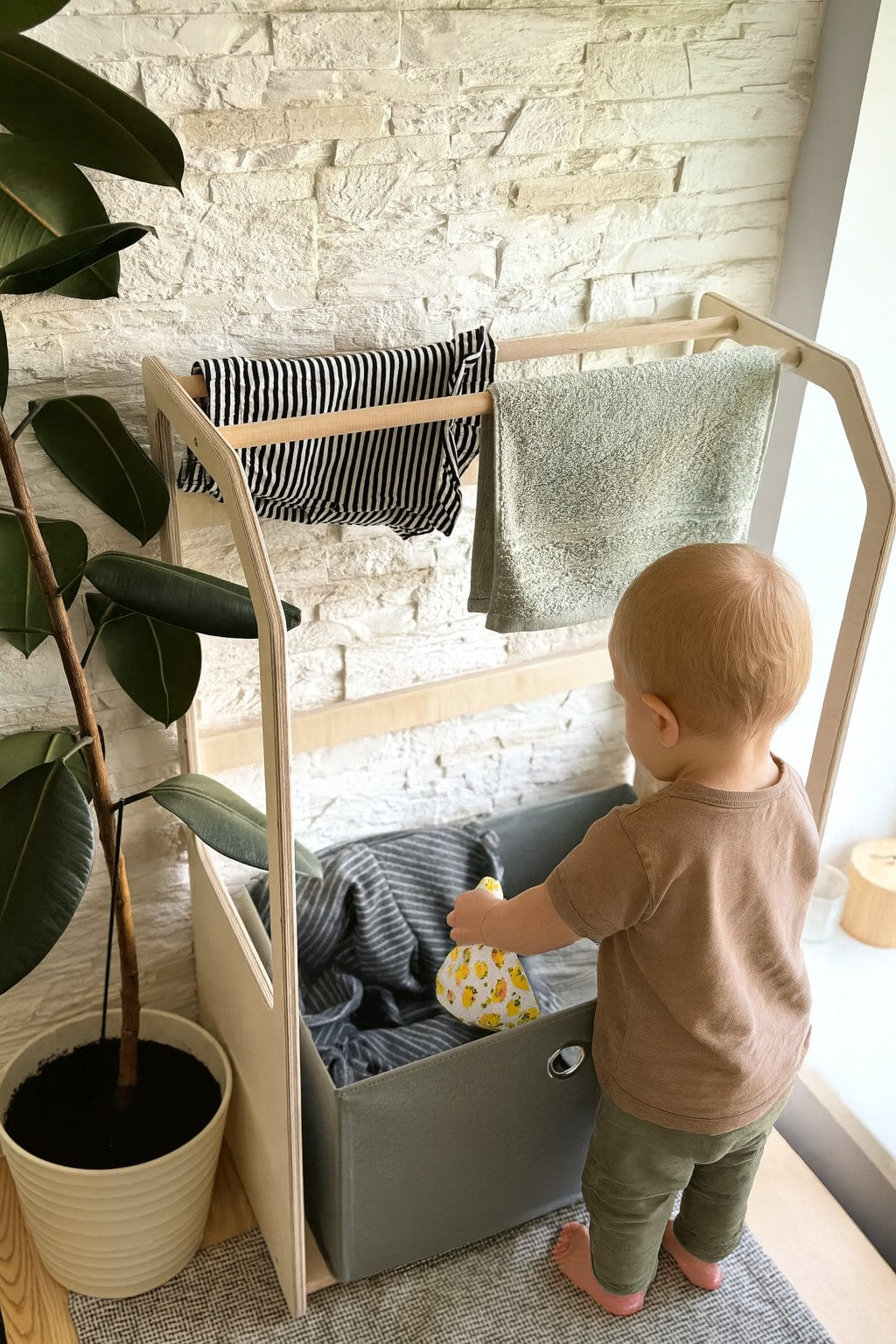 Montessori Wooden Clothes Drying Rack with Storage for Kids