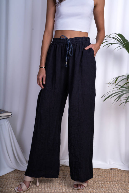 Naisten pellavahousut – musta, 100 % pellavaa, yksi koko (40–52)