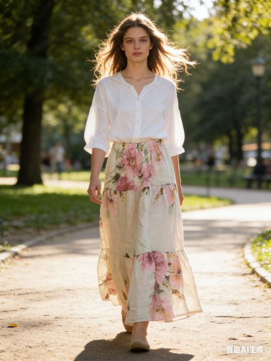 Naisten kuvioitu pellavahame – beige, 100% pellavaa, yksi koko 38–44