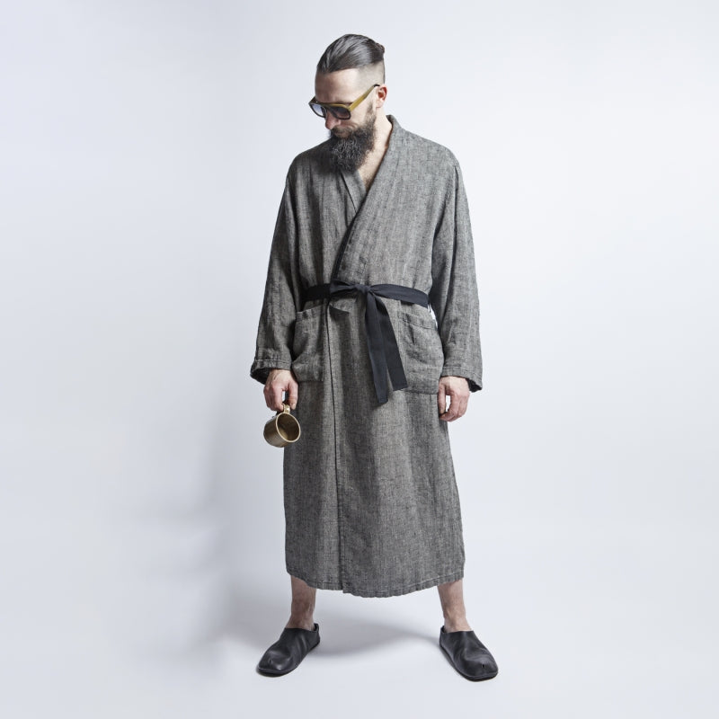 Linen bathrobe - Black Fishbone