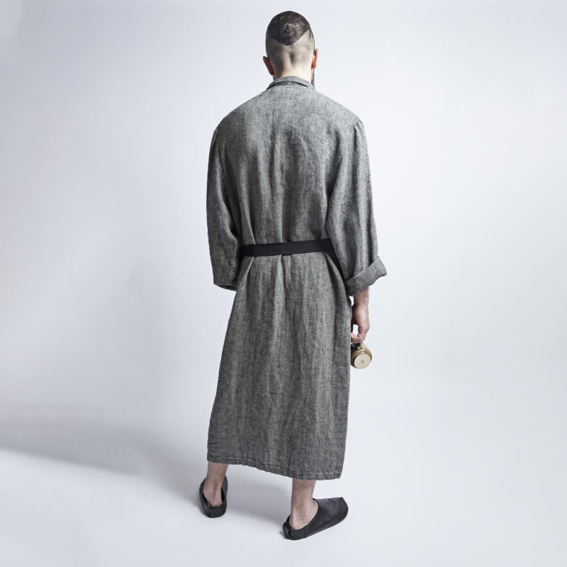 Linen bathrobe - Black Fishbone