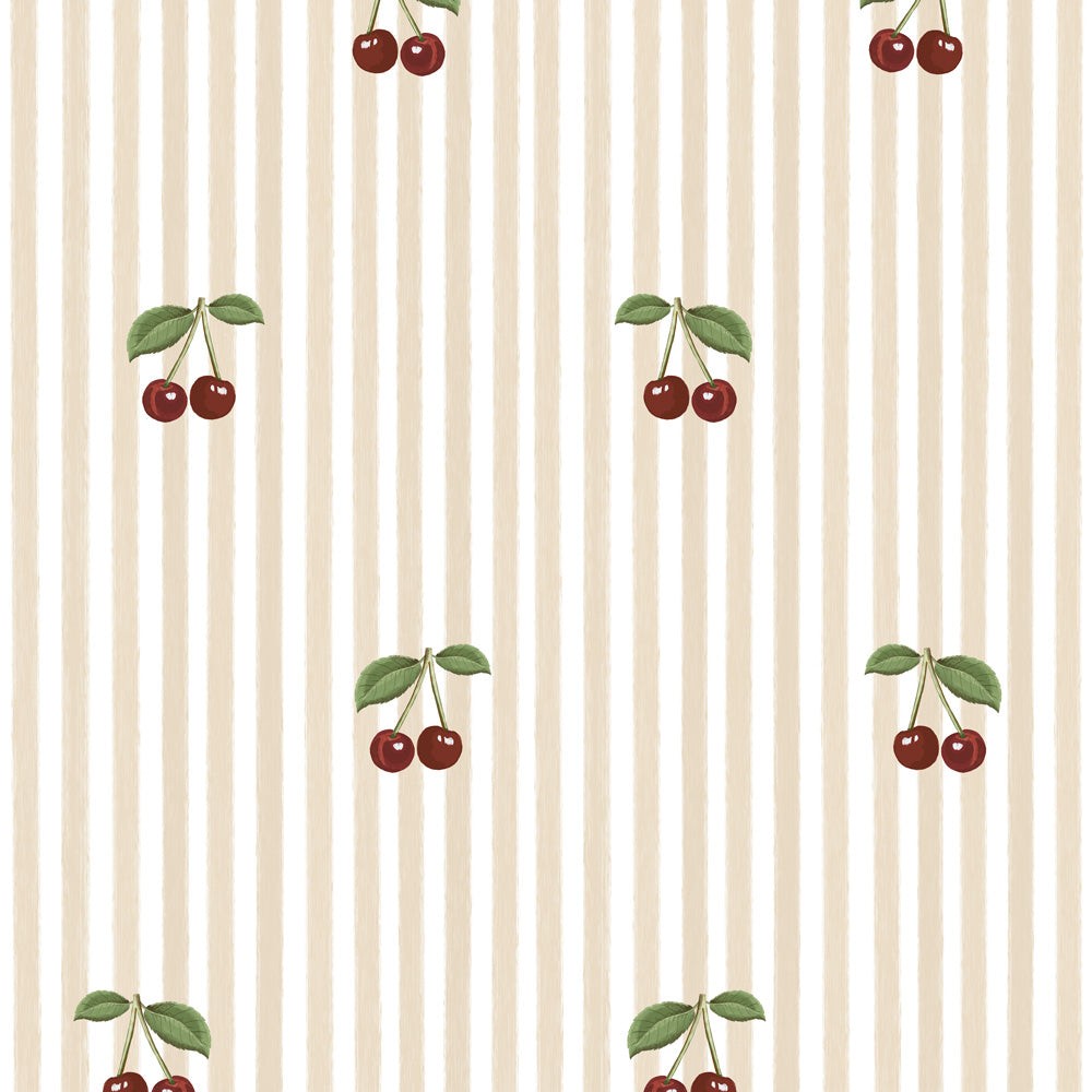 Little Cherries on Beige Stripes Wallpaper