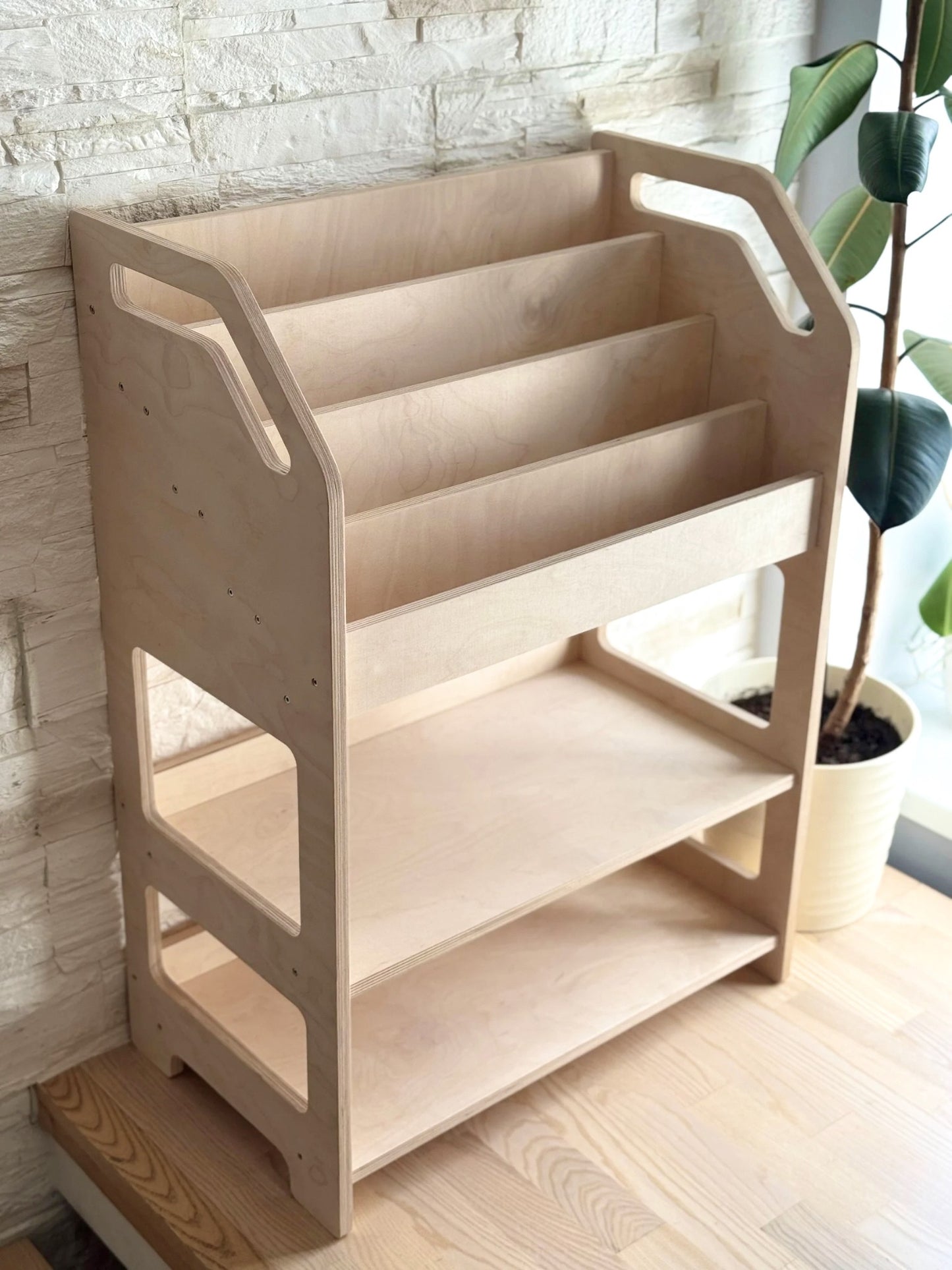 Montessori Wooden Book Display with Storage Shelf For Kids