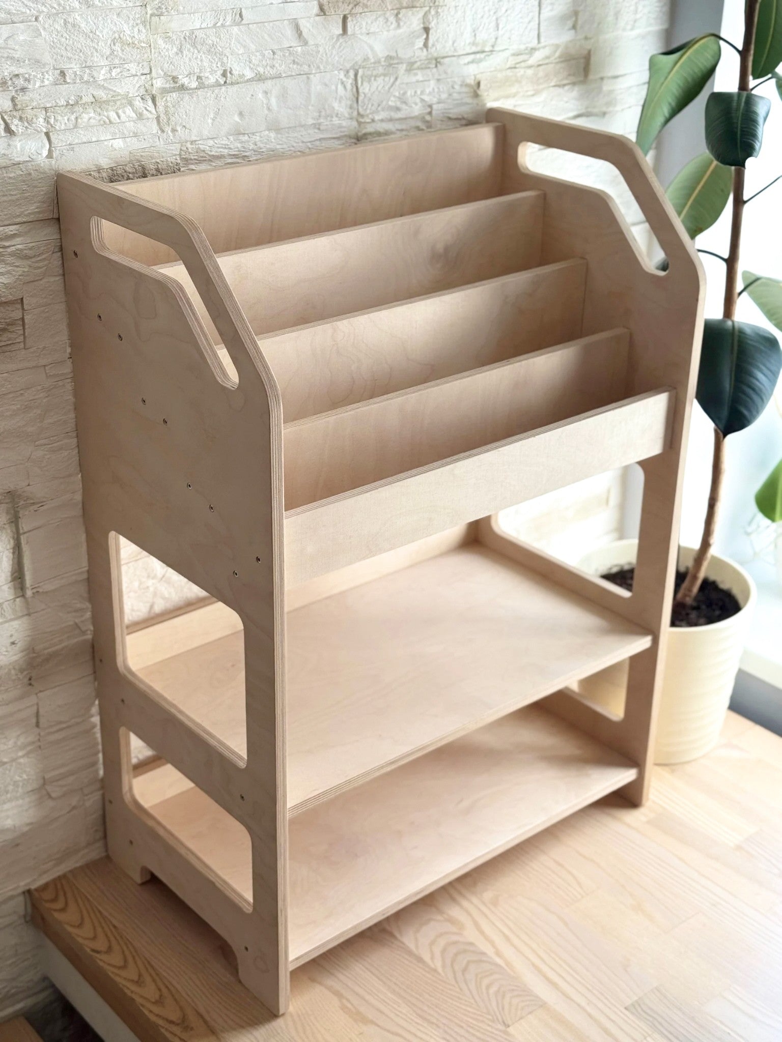 Montessori Wooden Book Display with Storage Shelf For Kids