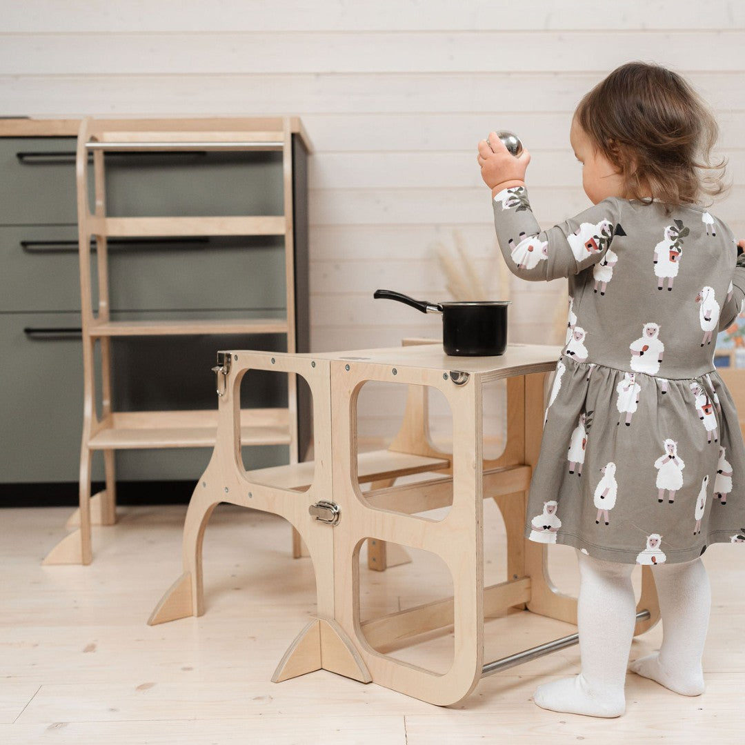 STEP'n'SIT® Convertible 2-in-1 Helper Tower/Table With Support Legs - Natural wood